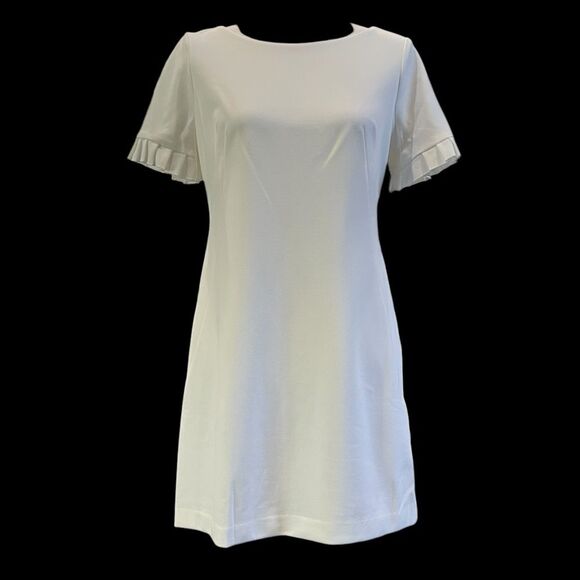 Tommy Hilfiger Scuba Crepe Sheath Dress Ruffle Sleeve Ivory White Petite 6P NWT - Picture 8 of 13